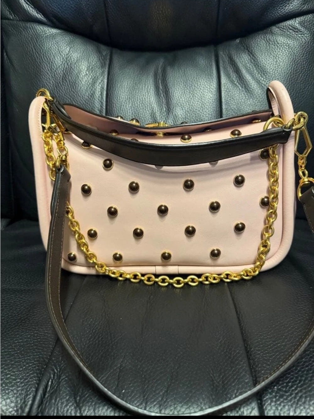 Mulberry Blush Pink Studded Shoulder Bag with Gold Chain